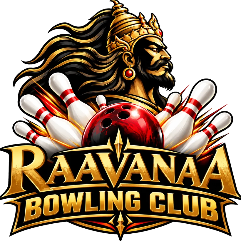 Raavanaa Bowling Club crest: a crowned king above a red bowling ball scattering pins
